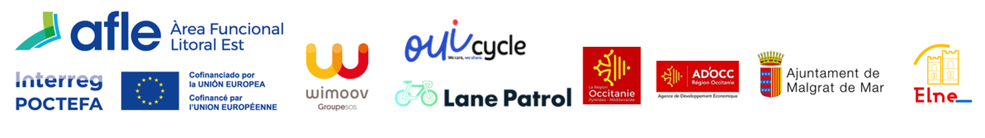 Logos des partenaires : AFLE Área Funcional Litoral Est, Interreg POCTEFA, Union européenne, Wimoov, OuiCycle, Lane Patrol, Région Occitanie, AD'OCC, Ajuntament de Malgrat de Mar, Elne
