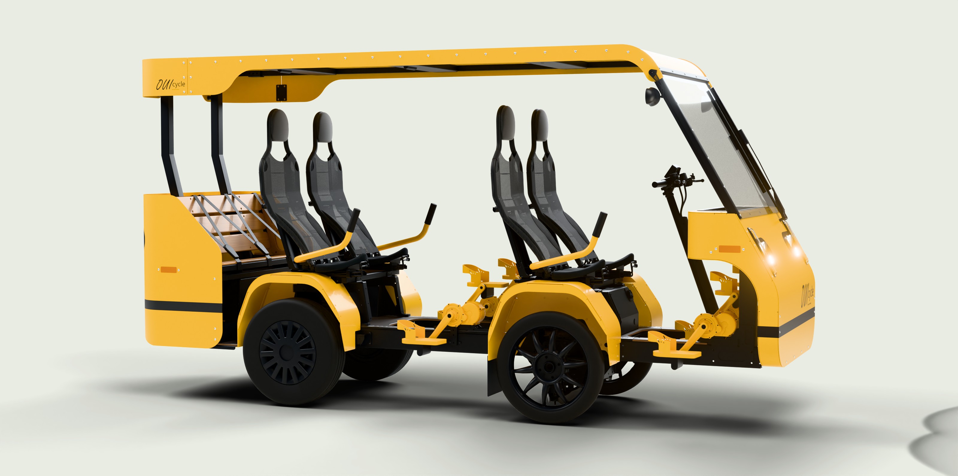 Le OuiCycle en vue 3D de profil : toit solaire, quatre sièges, quatre pédaliers et banquette arrière.